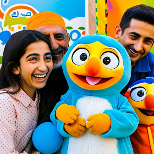 Generational Joy**

A warm, candid photograph of an Arab family enjoying a "Pororo" event. A grandfather smiles as his grandson interacts with a Pororo character. The scene is brightly lit, full of laughter and connection. Children are fully clothed, appropriate attire, safe for work. The background includes colorful decorations and event signage in Arabic. Capture the joy of shared memories and family bonds. Perfect anatomy, natural proportions, professional photography, high quality, family-friendly.

**