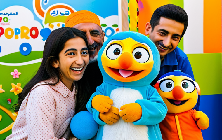 Generational Joy**

A warm, candid photograph of an Arab family enjoying a "Pororo" event. A grandfather smiles as his grandson interacts with a Pororo character. The scene is brightly lit, full of laughter and connection. Children are fully clothed, appropriate attire, safe for work. The background includes colorful decorations and event signage in Arabic. Capture the joy of shared memories and family bonds. Perfect anatomy, natural proportions, professional photography, high quality, family-friendly.

**